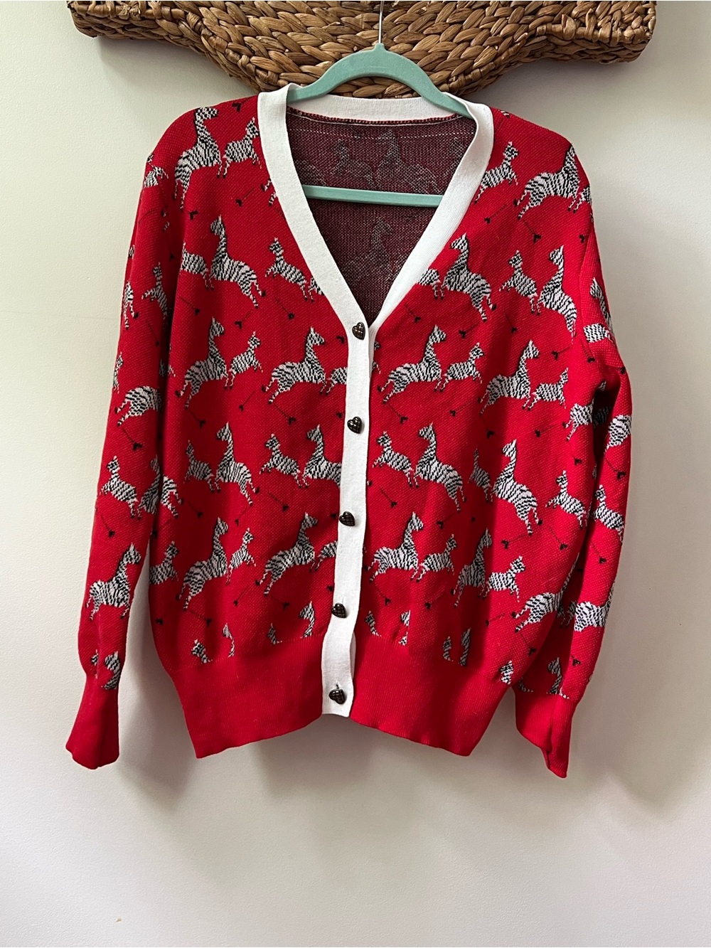 Red Zebra Novelty Cardigan Sweater Western Animal Print L XL